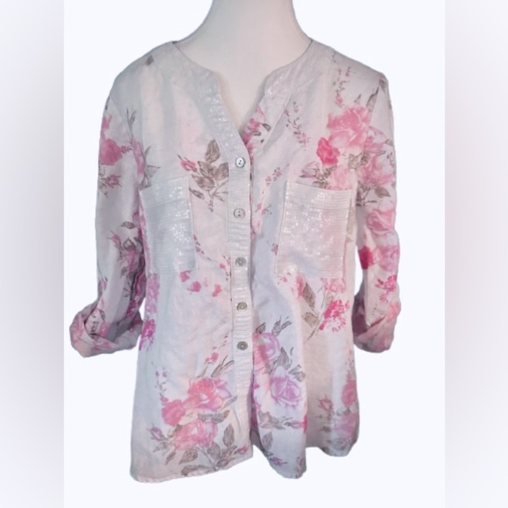 Sequin Linen Pink Ali Miles Boho Cottage Floral Cotton Petite Large Top Blouse